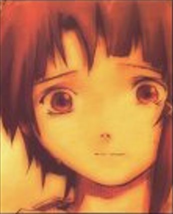 Lain Iwakura from Serial Experiments Lain staring nervously at camera. Image is hued yellow.